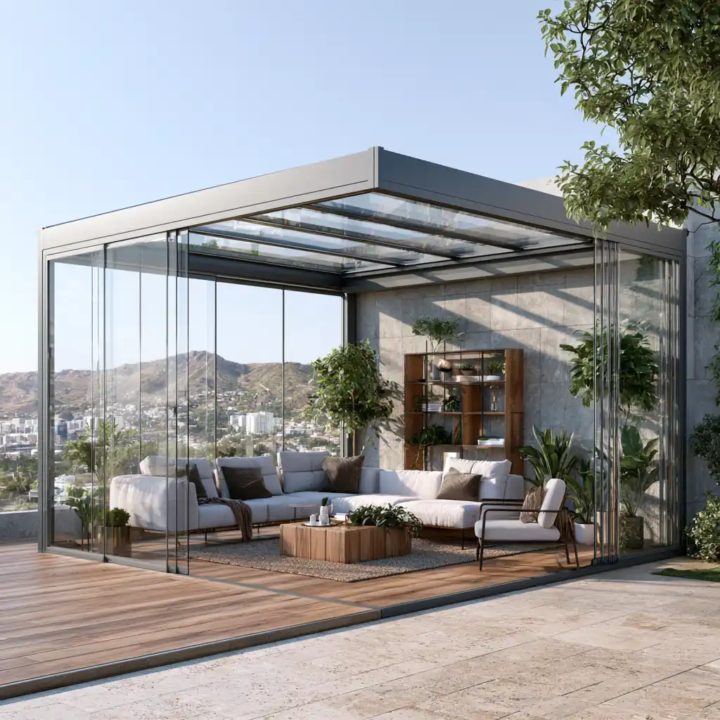 Cerramiento de aluminio y cristal con techo acristalado instalado en la provincia de Lugo