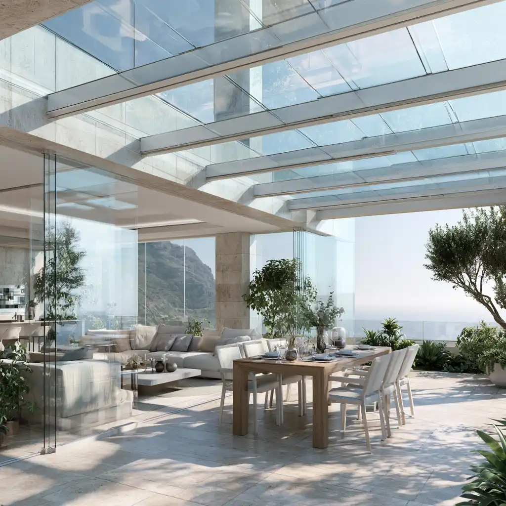 Terraza cerrada con techo de cristal y cortinas de vidrio en una vivienda de Lugo